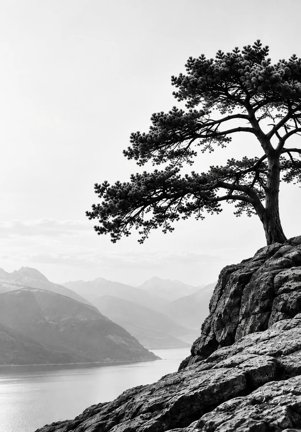 Kiefer auf einem Felsen über einem See im Nebel